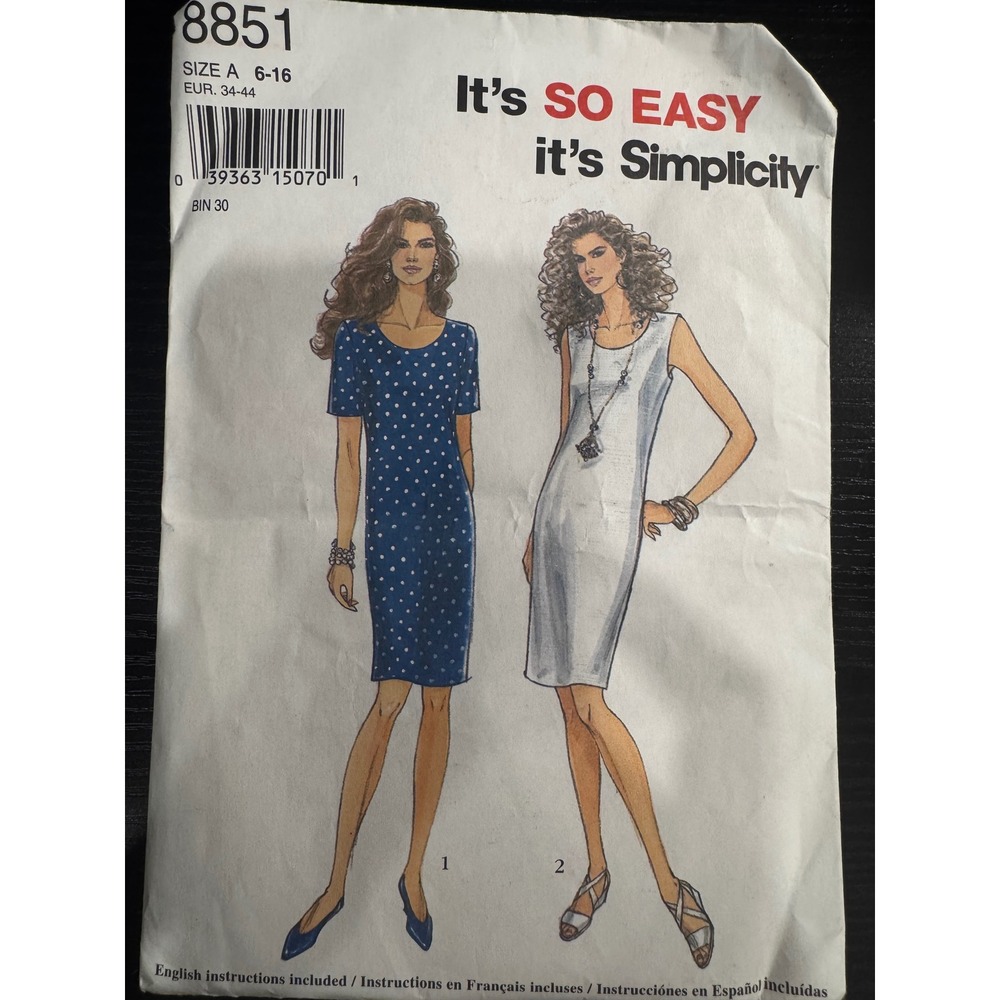 Simplicity 8851 Sewing Pattern Misses Size 6-16 White Good Vintage 90s Dress
